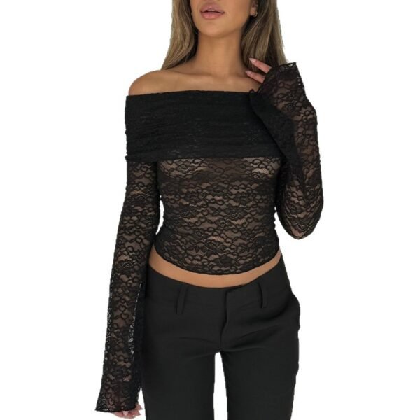 Pure Color Lace Off-Shoulder One-Shoulder Long Sleeve Backless Top T-Shirt