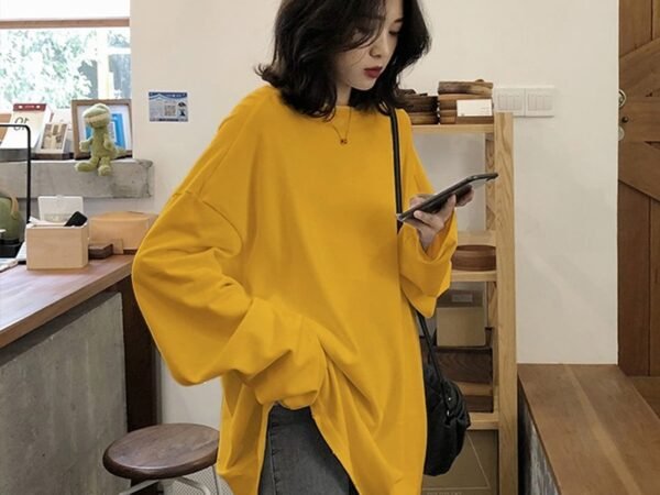 Spring Solid Simple oversized tshirt harajuku long T Shirt Women kawaii T-shirts Women 90s White yellow long Sleeve Tops