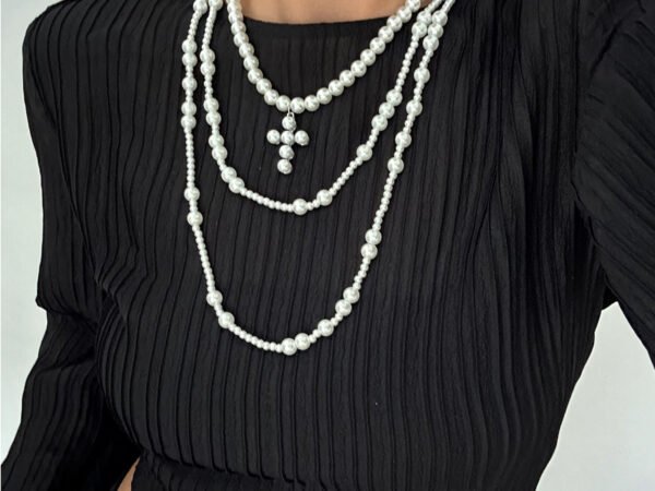 Cold wind imitation pearl tassel multi-layer necklace geometric cross pendant collarbone chain