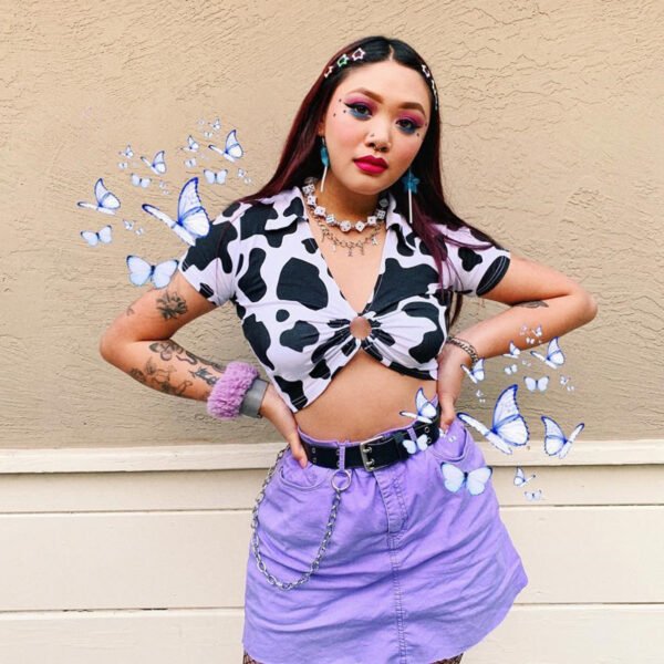Animal Print Kawaii Cropped Feminino Tshirt Women Korean Style V Neck Cow T Shirts