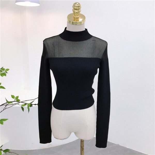 GetSpring Women T Shirt Full Sleeves Stand Collar Organza Perspective Black Tshirt Sexy Bottoming Short Black Tee Shirt Spring