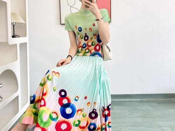 Pleated Office Ladies Rainbow Circle Printed Two Piece Set:Simple Elastic Tshirt + High Waist Skirt 2pcs Women Outfit