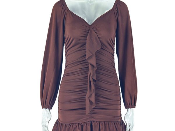 Women's Solid Color Pleated Pencil Skirt U Neck Backless Long Sleeve Short Dress