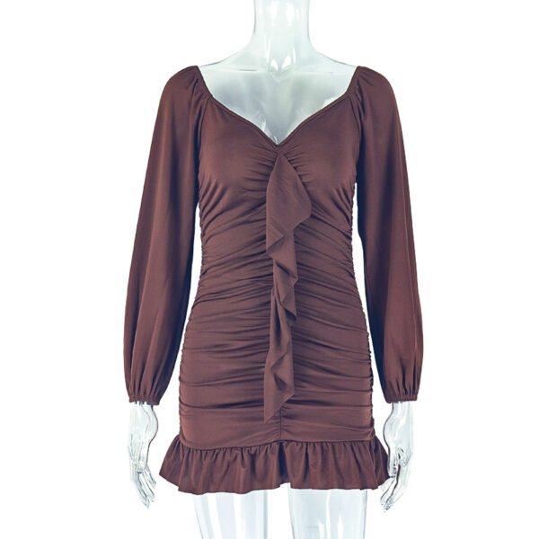 Women's Solid Color Pleated Pencil Skirt U Neck Backless Long Sleeve Short Dress