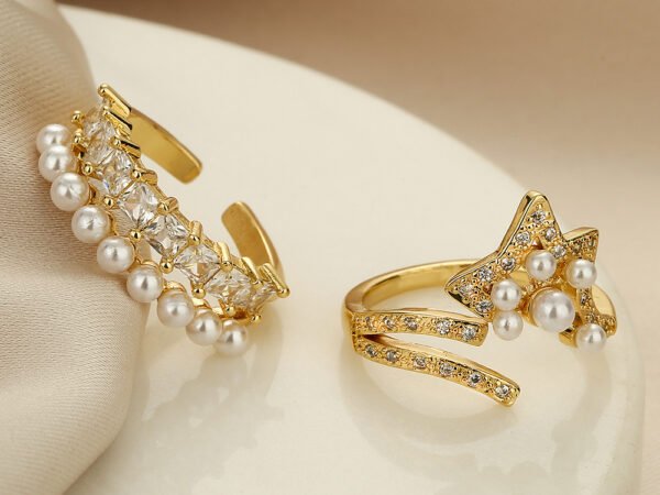 Copper plated real gold inlaid zircon pearl geometric opening ring for women's high-end ring