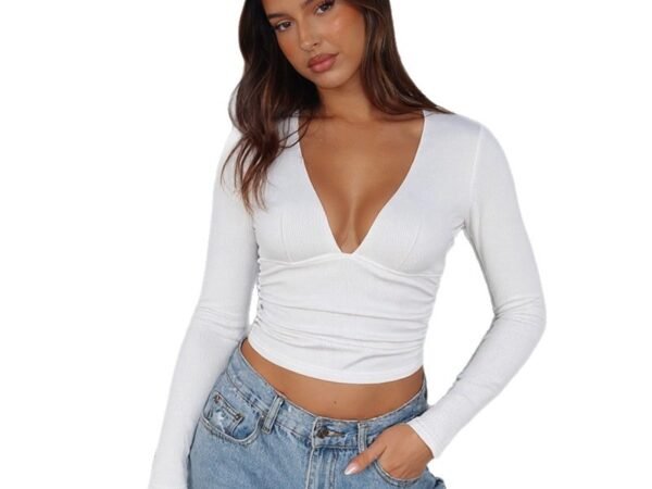 Women's Sexy V-neck Long-sleeved Top Solid Color Slimming T-shirt