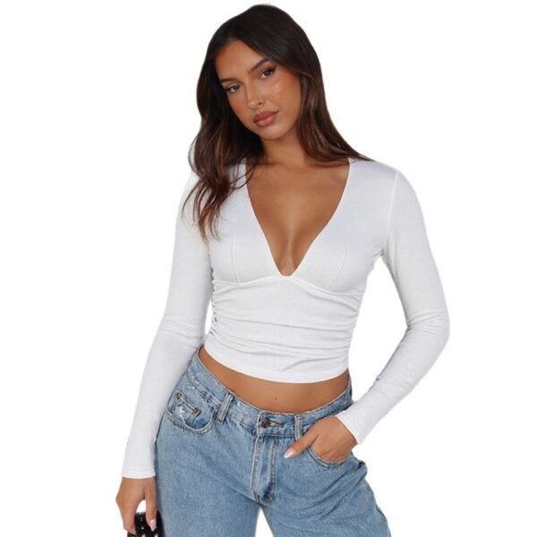 Women's Sexy V-neck Long-sleeved Top Solid Color Slimming T-shirt