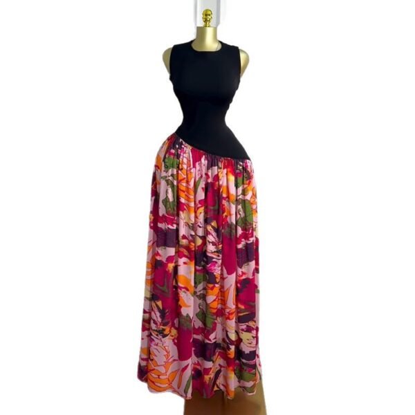 Women's Round Neck Sleeveless High Waist Slim A-Line Dress Long Skirt