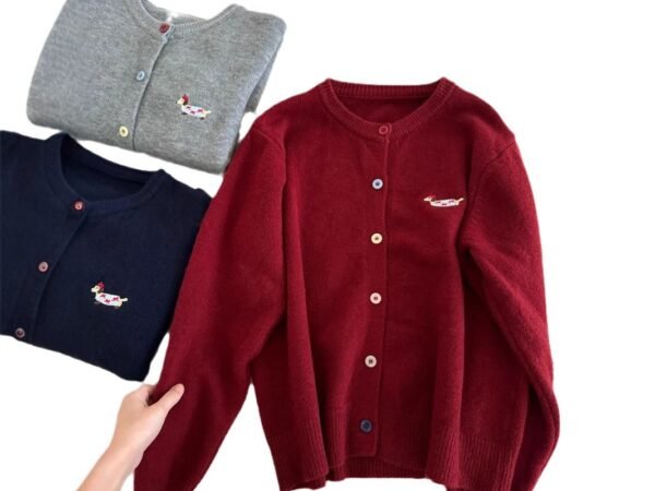 Dopamine Sweet Round Neck Colorful Button Dog Embroidery Long Sleeve Sweater Women's  Versatile Slim Knitted Top