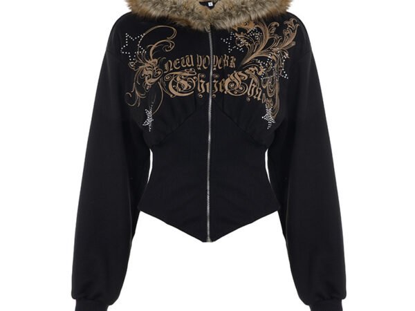 Printed rhinestone hooded fur jacket