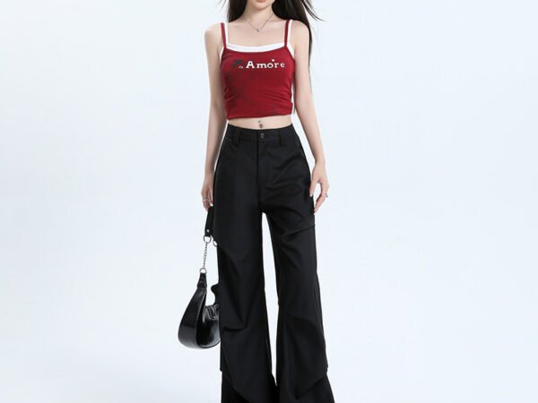 Women's Black Wide-Leg Trousers High-Waist Straight Leg Workwear Casual Pants