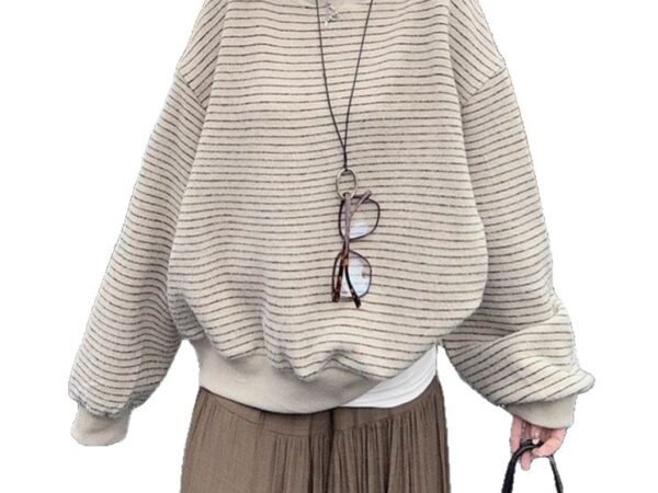 Style Round Neck Striped Sweatshirt Women's  Lazy Design Loose Fit All-Match Pullover Long Sleeve Top