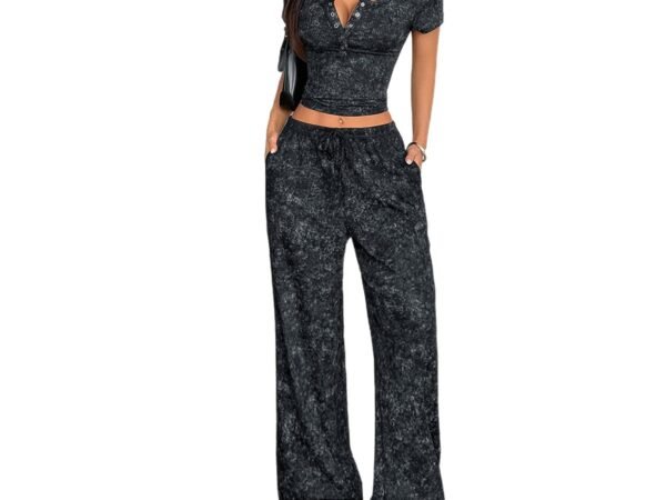 Button Short Sleeve Wide Leg Long Pants Set for Women