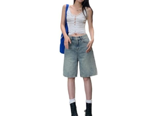 Women's  Retro Denim Shorts High Waist Loose Slim Straight Leg Pants