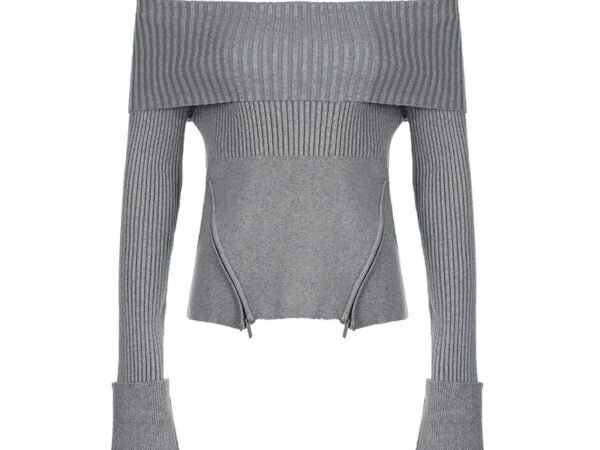 One neck off shoulder zipper hem pink solid color long sleeved versatile sweater