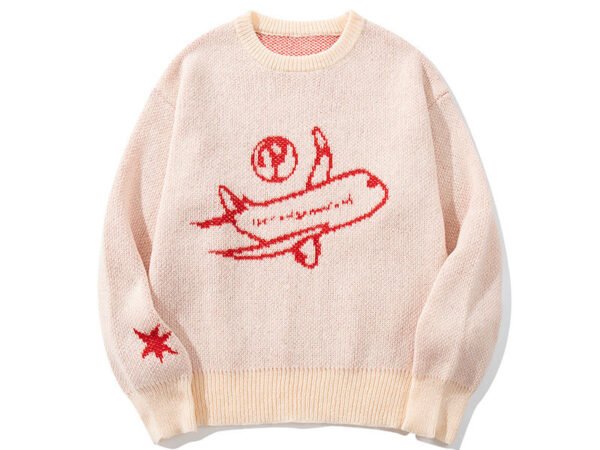 Loose Casual Sweater Harajuku INS Style Crew Neck Airplane Jacquard Knitwear