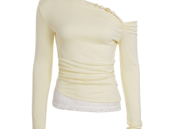 Slanted collar off shoulder long sleeved lace patchwork pleated base shirt top