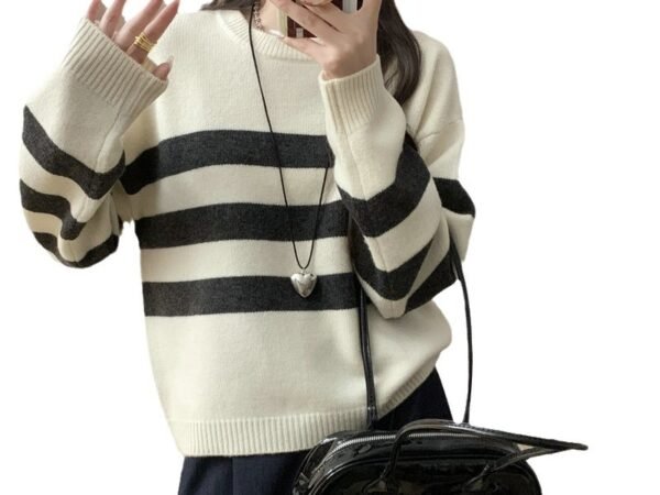 Lazy Style Loose Round Neck Wool Sweater Women's Color Block Stripe Knitwear Thickened Pure Wool Sweater