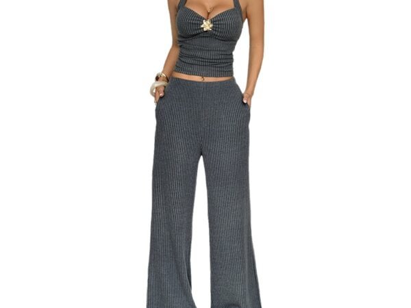 Halter Neck Camisole and Solid Color Straight Leg Pants Set for Women
