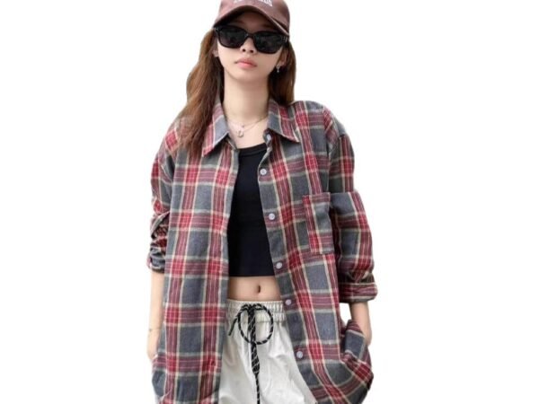 Retro Plaid Women's Cotton Shirt  Style Versatile Turn-Down Collar Loose Casual Long Sleeve Blouse Jacket