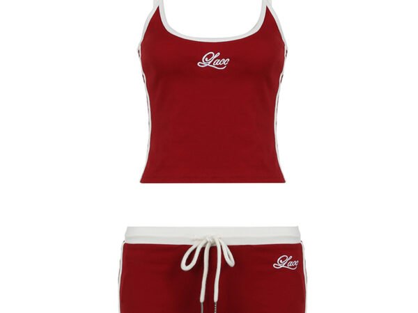 Lovely Memory  Sporty Style Color Block Letter Embroidery Strapless Top Striped Splicing Shorts Two-Piece Set