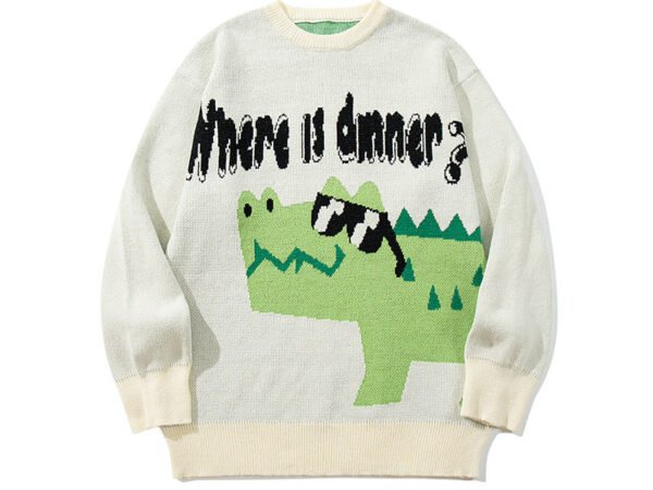 Crocodile Cartoon Jacquard Sweater Loose Lazy Style Knitted Sweater for Men