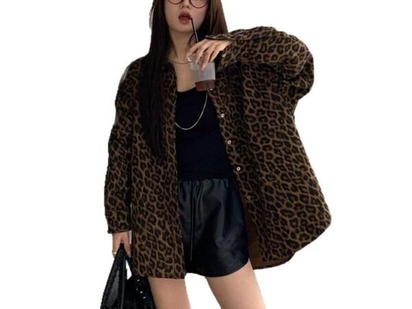 Leopard Print Polo Collar Shirt Jacket Women's Design Loose Mid-Length Street Style Top
