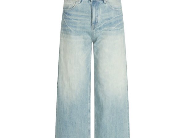 Blue Washed Faded Loose Fit Wide Leg Straight Casual Trousers