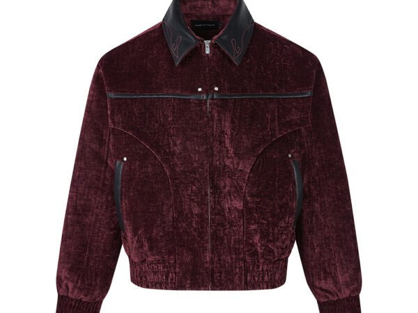 Velvet Chenille Blended Jacket with Textured Design Vintage Lapel Zipper Leather Splicing Outerwear for Men and Women