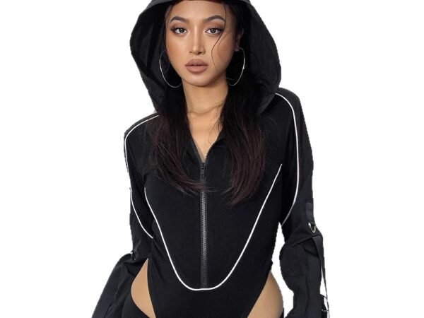 Style Workwear Side Sleeve Pocket Bud Stripe Long Sleeve Jumpsuit Hoodie Spicy Dark Hip Hop Top