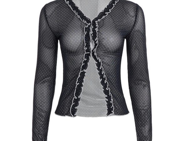 Polka dot contrasting color V-neck mushroom edge long sleeved cardigan top