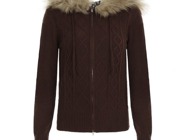 Retro Cable Knit Zipper Cardigan Sweater Slim Spicy Girl Warm Fuzzy Hooded Jacket