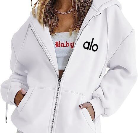 Alo Women's Unique Printed Zip-Up Hoodie Loose Casual Wear Long Sleeve Hooded Cardigan Unique Sports