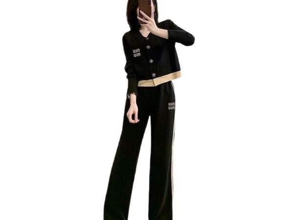 Color Block Open Cardigan Wide Leg Pants Two-Piece Set for Women