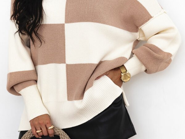 Autumn and Winter Loose Drop Shoulder Knit Sweater Women's Fashion Checkerboard Color Block Round Neck Sweater