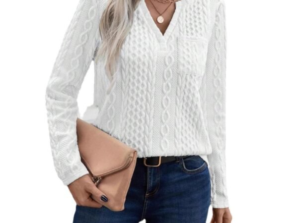Women's Long Sleeve Notch V-neck Textured Loose Pullover