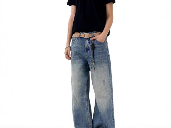 Blue Denim Pants for Men and Women, Water-Washed Faded Straight Clean Fit Casual Long Trousers