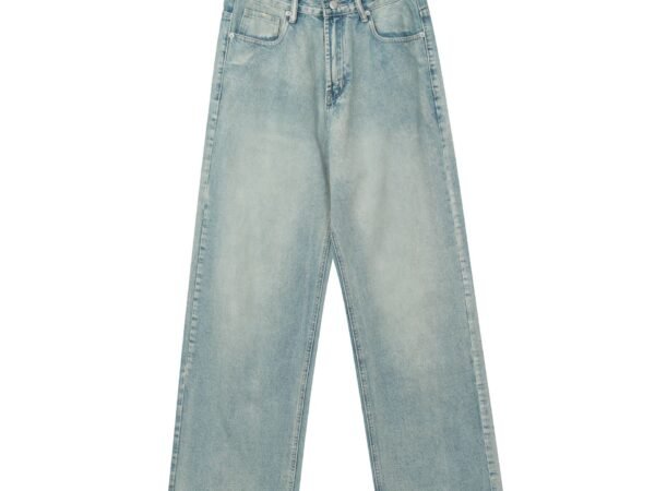 Blue Straight Jeans for Men and Women Vintage Washed Loose Fit Wide Leg Trousers