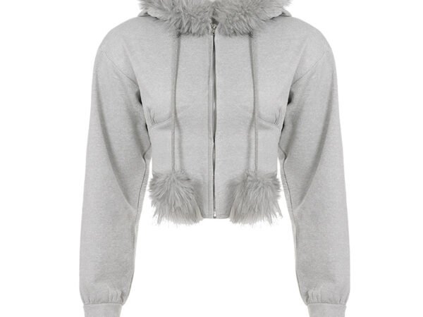 Splicing fur collar zipper short hooded sweatshirt jacket