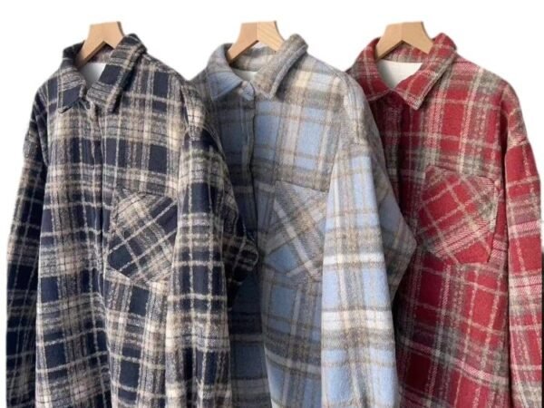 Dopamine Lazy Wine Red Brushed Plaid Shirt Women Loose Casual Slim Fit Blouse Versatile Top