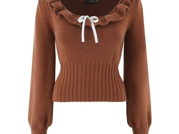 Long sleeved lace round neck ribbon bow sweater for women