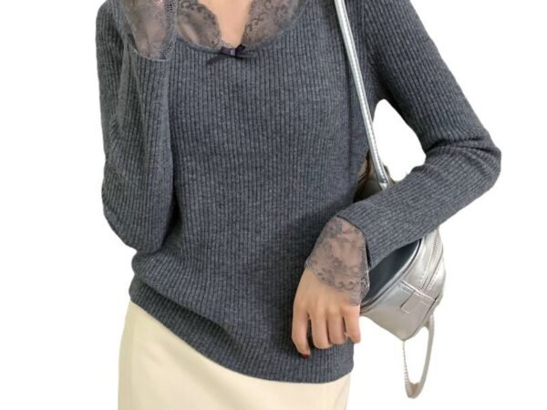 Inner Wear Long Sleeve Wool Sweater Lazy Style High-Grade Sense Crew Neck Knitted Top Retro Lace Decoration Top