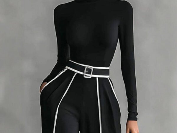 Autumn and Winter New Korean Version Elegant Stand Collar Color Block Binding Waist Slimming Long Sleeve Knitted Dress