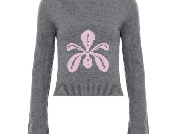 V-neck floral woolen purple gentle wind long sleeved sweater