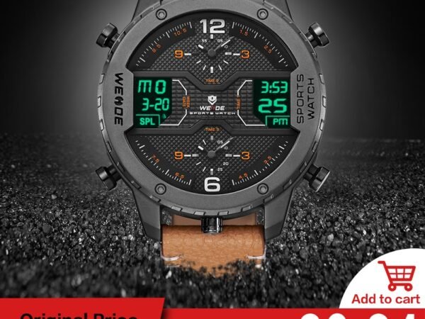 WEIDE men's Sports watch Analog Hands Digital Calendar Quartz Brown Leather Strap Wrist watches
