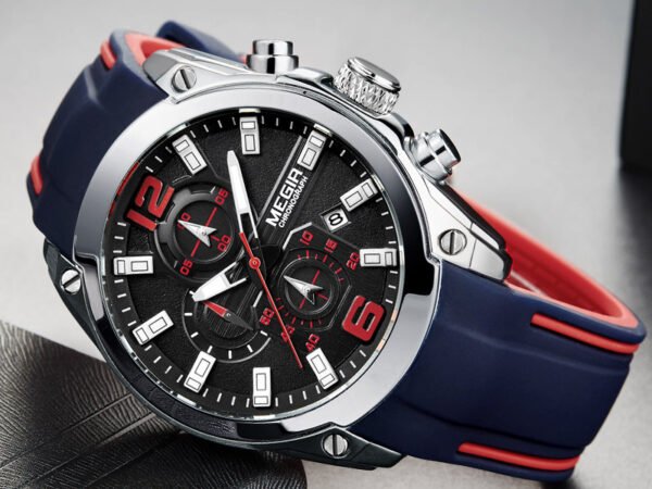 Megir Men's Chronograph Analog Quartz Watch with Date, Luminous Hands, Waterproof Silicone Rubber Strap Wristswatch