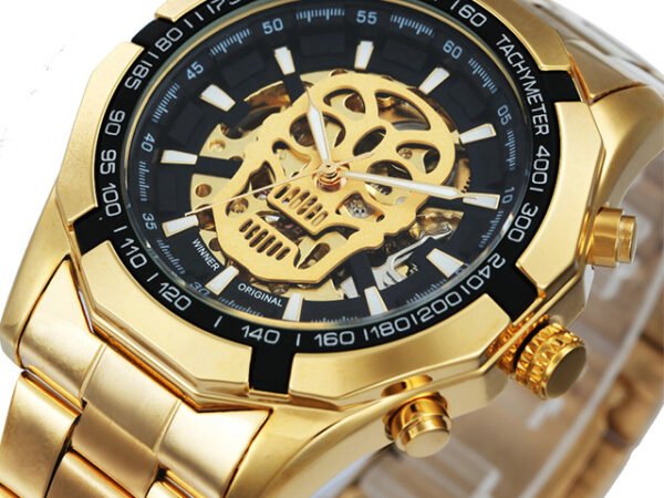Mechanical Watch Men Skull Golden Stainless Steel Strap Skeleton Man Watch