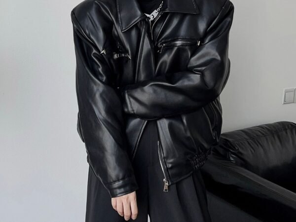 High end PU leather jacket, men's handsome motorcycle suit, loose leather jacket, trendy