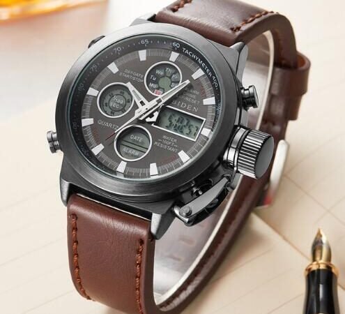 BIDEN Luxury Men Watch Leather LED Sport  Digital Quartz Clocks 0031