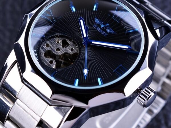 Winner Blue Ocean Geometry Design Transparent Skeleton Dial Mens Watch Top Brand Luxury Automatic Mechanical Watch Clock